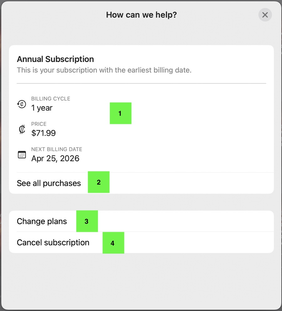 Apple's subscription management sheet for the Projector annual subscription, showing the billing cycle, price and next billing date, with See all purchases, Change plans and Cancel subscription options marked