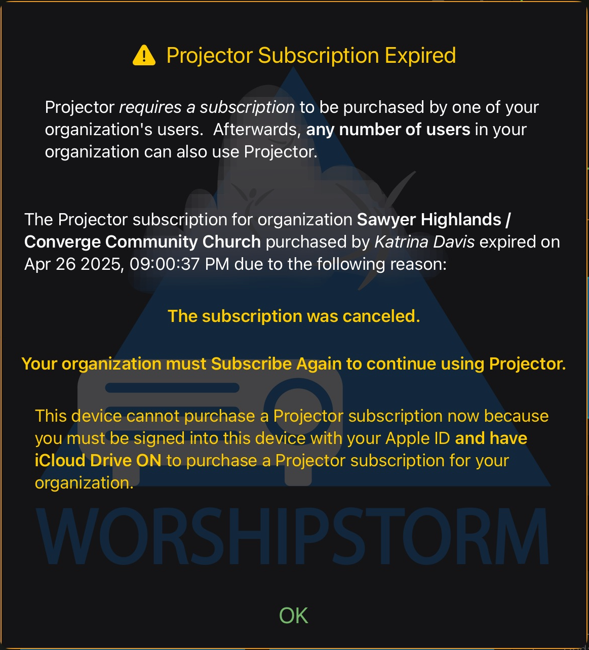 The Projector Subscription Expired dialog with a warning that this device cannot purchase because it must be signed in with an Apple ID and have iCloud Drive turned on