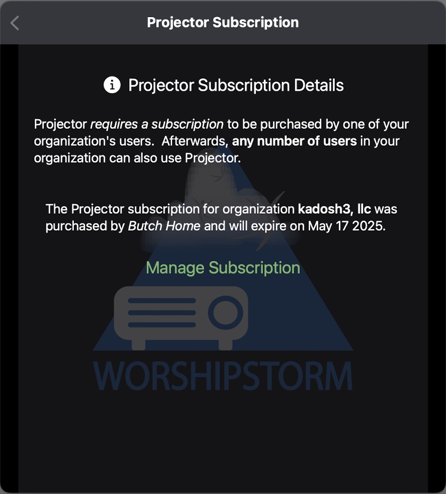 The Projector Subscription Details screen with a Manage Subscription link, shown when the current device's Apple ID owns the subscription