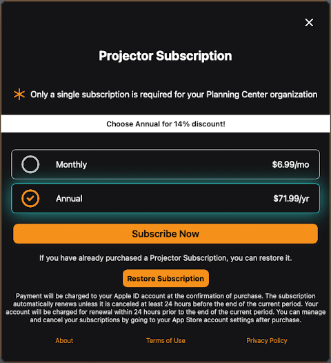 The Projector Subscription purchase popup, offering monthly and annual options