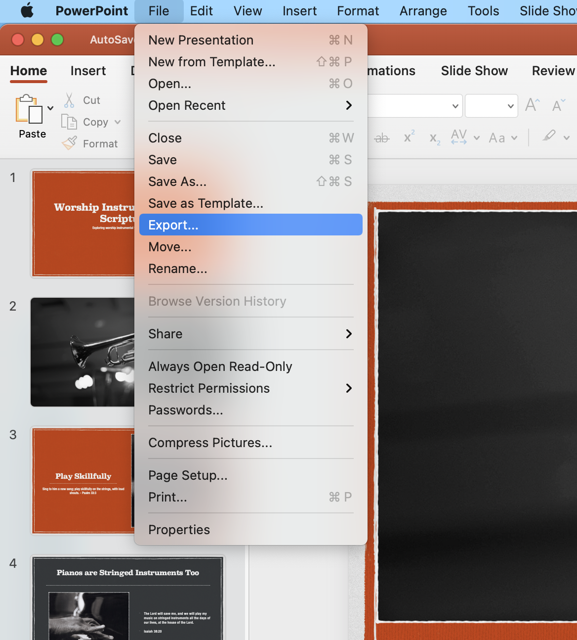 PowerPoint for macOS with the File menu open and Export highlighted