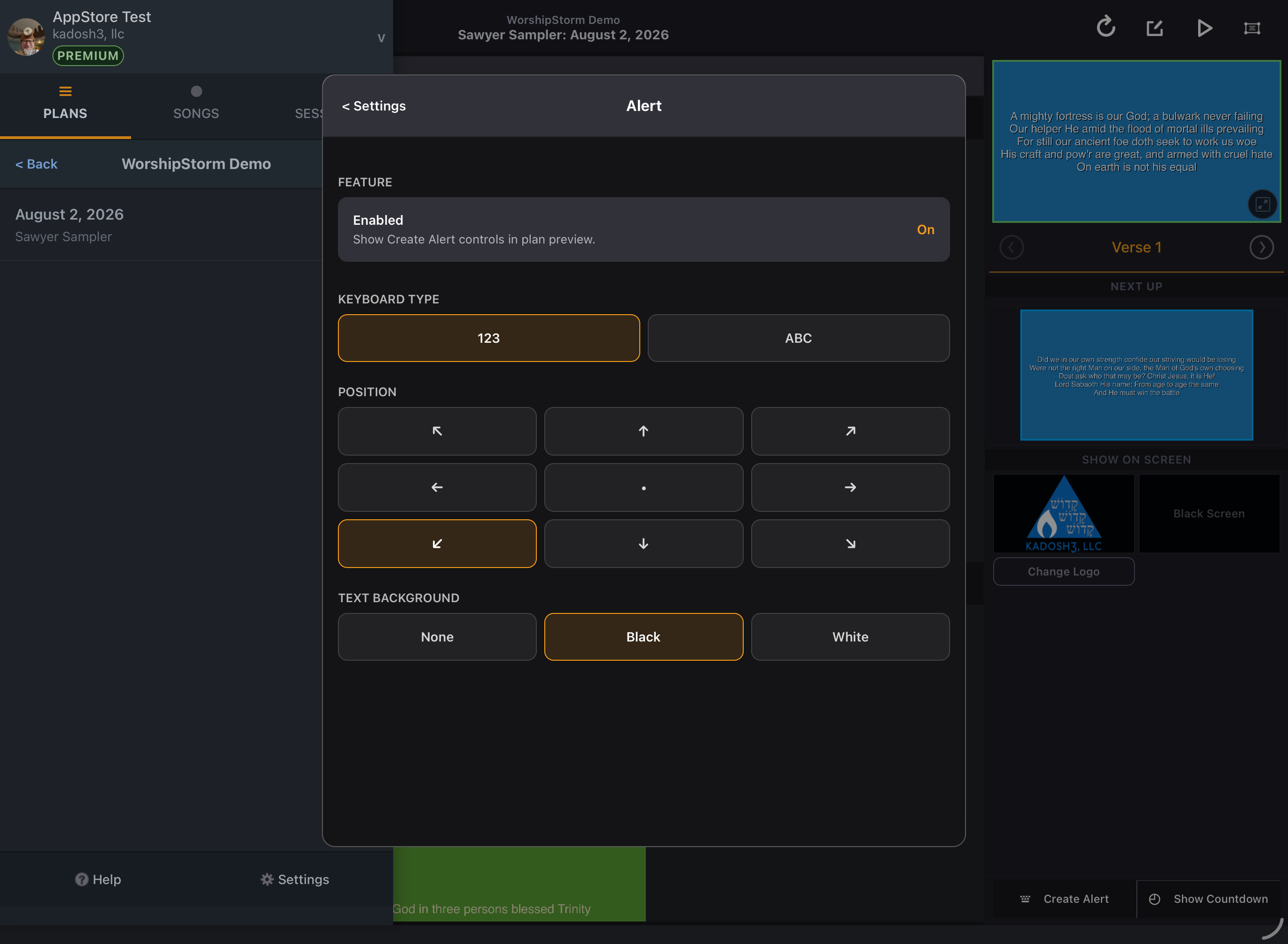 The On-Screen Alert section of Projector Plus Settings, showing the enable toggle and the alert position grid