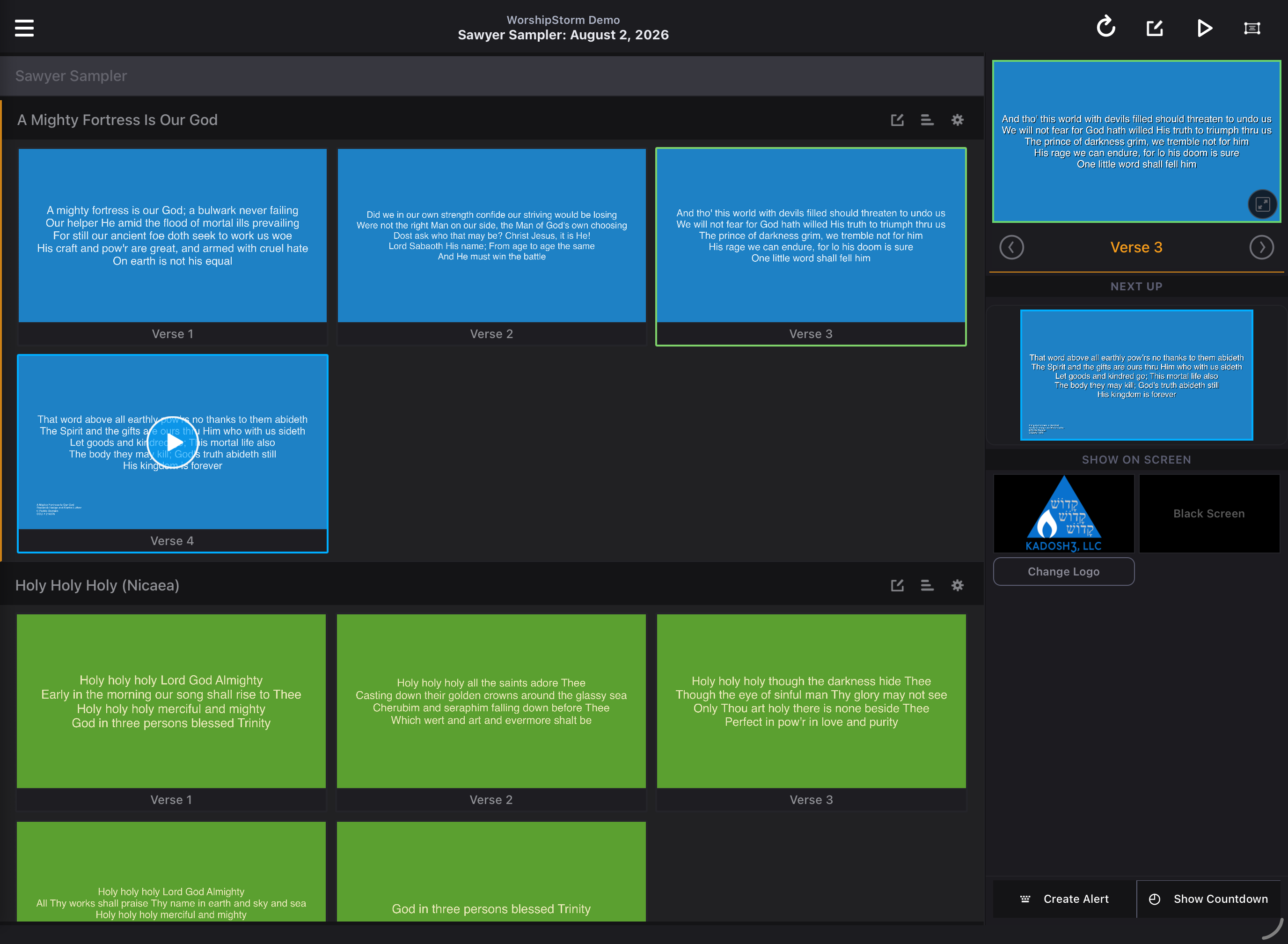 Slide grid showing the Now Playing slide with a green border and the next slide in the sequence with a blue border, alongside the preview window