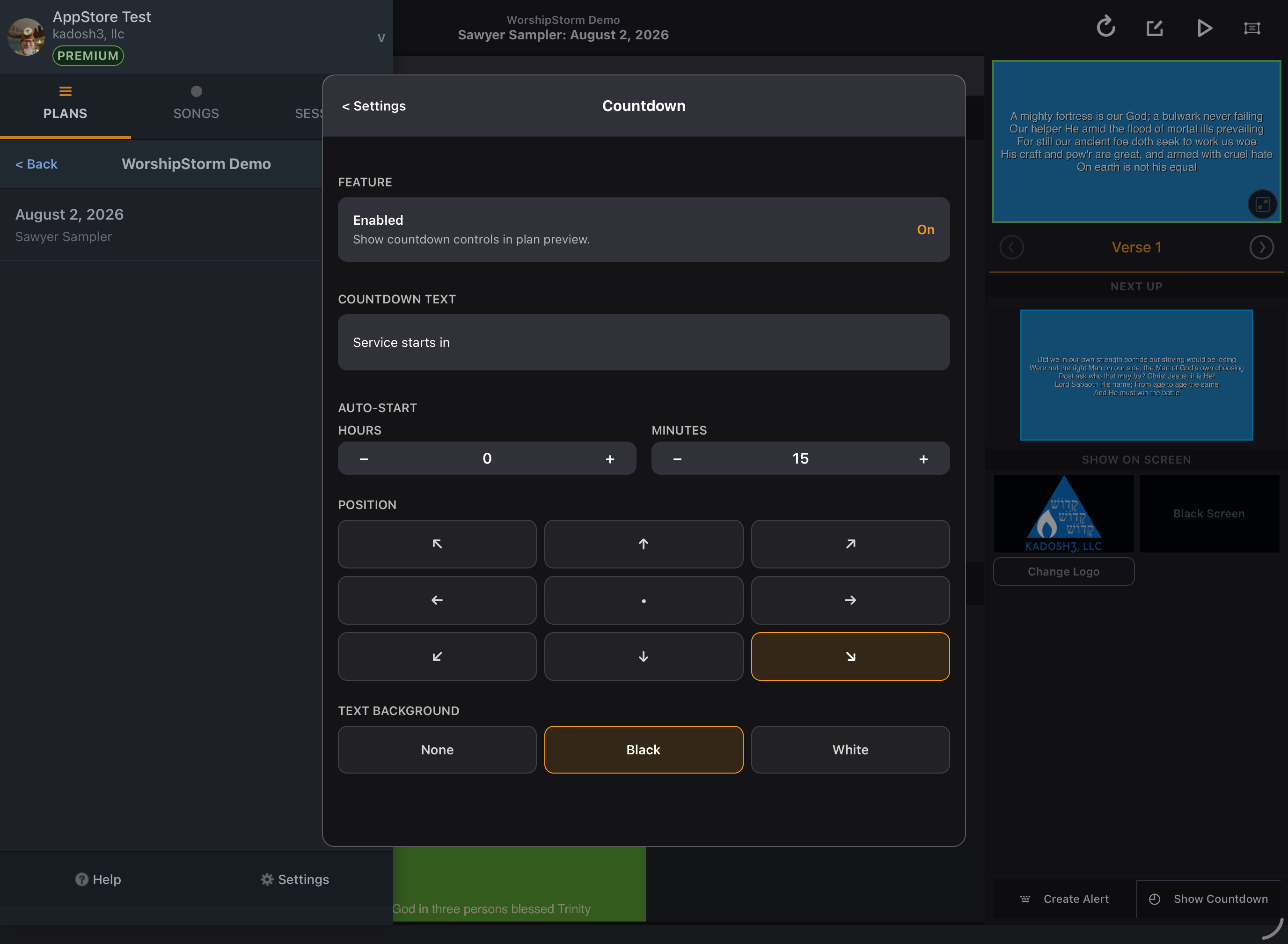 The Countdown settings screen in Projector Plus