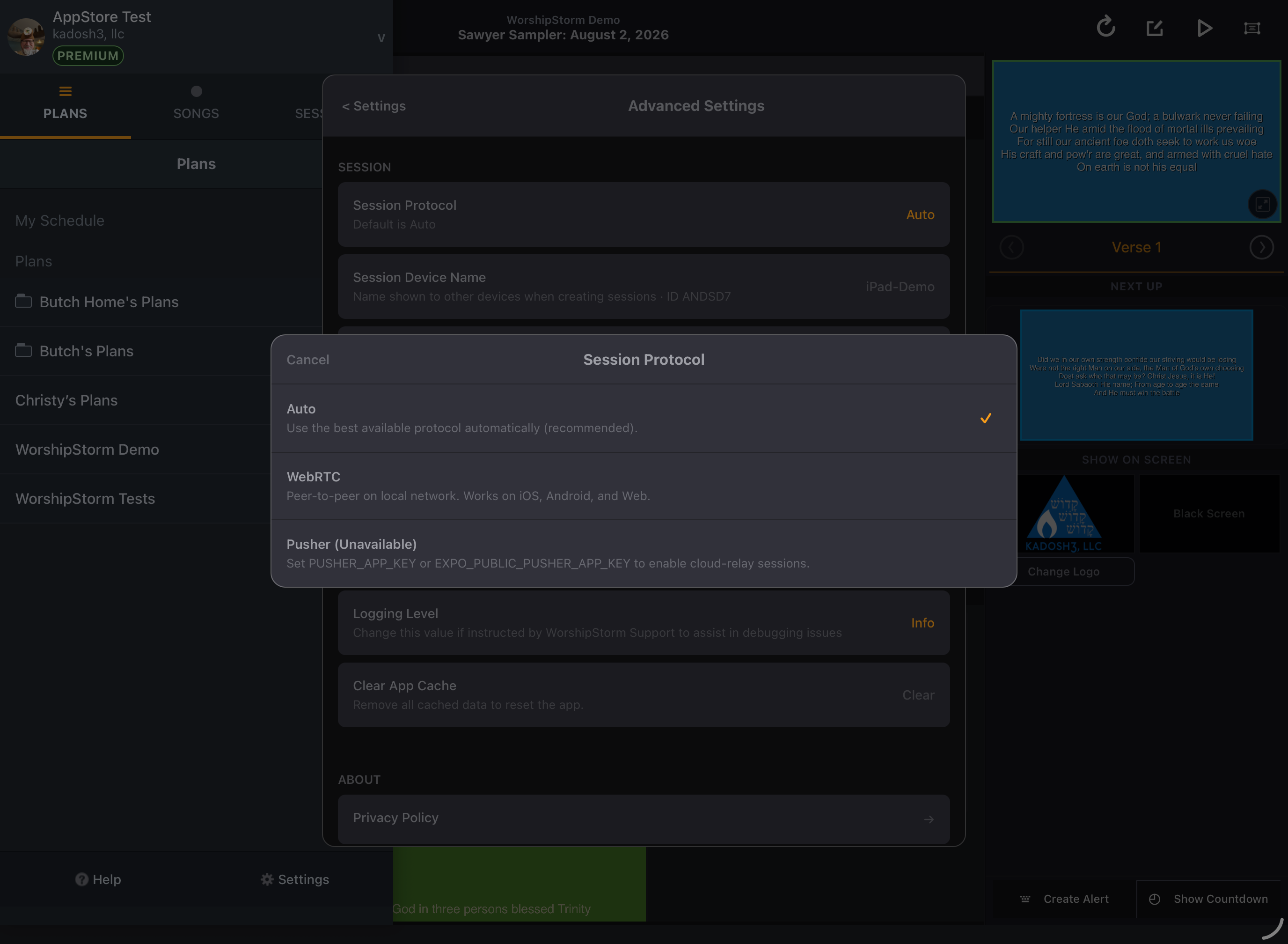 Advanced Settings showing the session protocol options