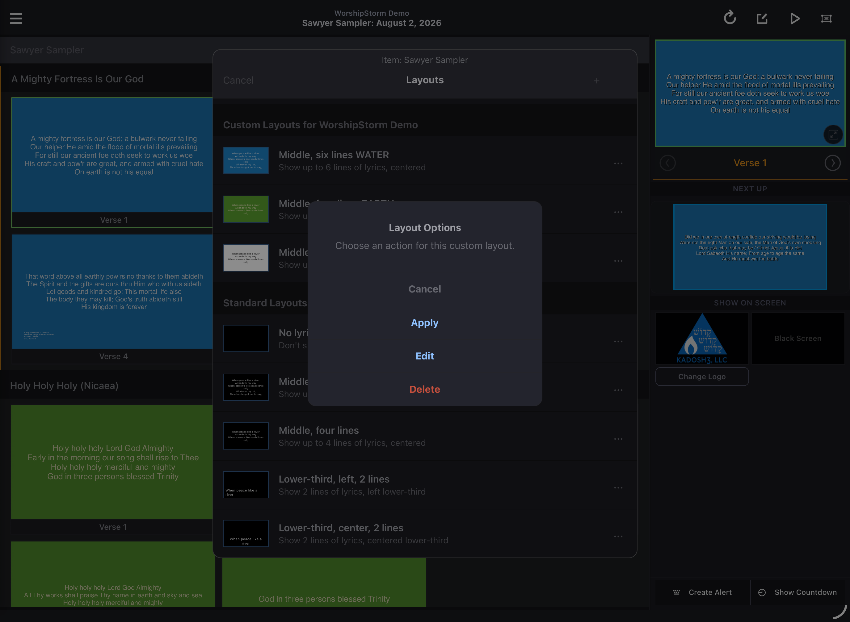 An existing custom layout selected, showing the Edit action