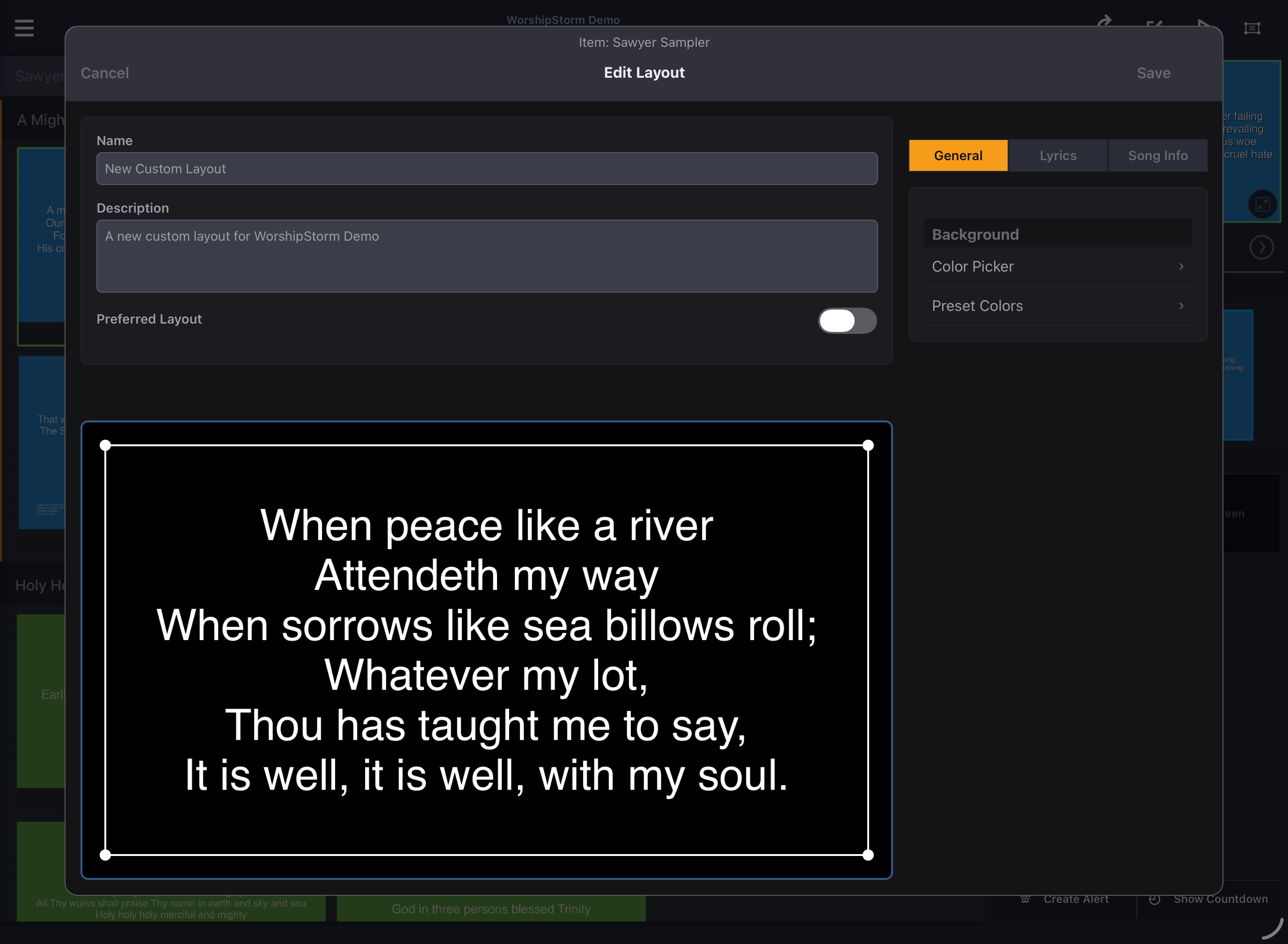 The Layout Editor in Projector Plus, showing the Name, Description and Preferred Layout fields with the General, Lyrics and Song Info tabs