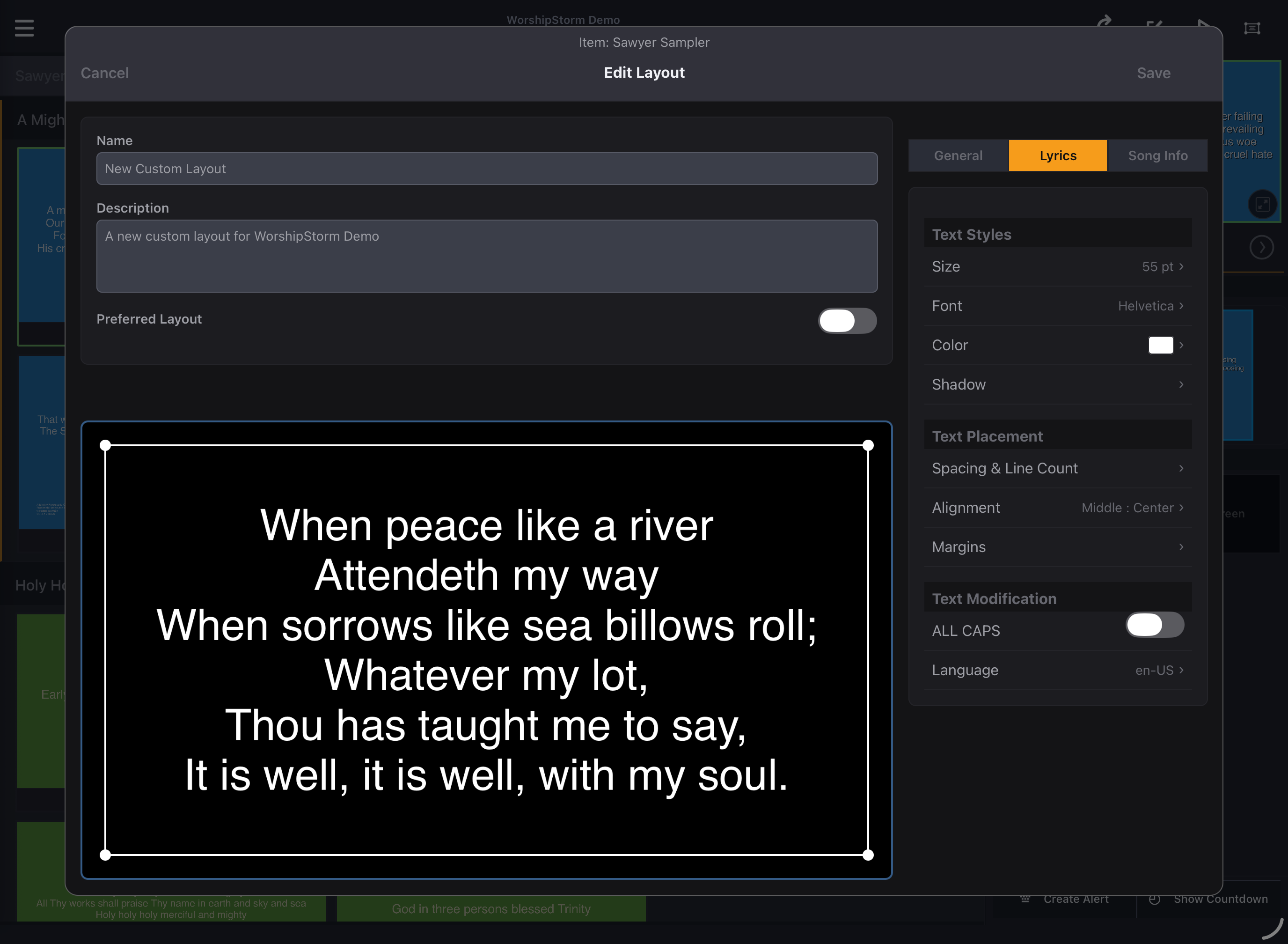 The Lyrics tab of the Layout Editor