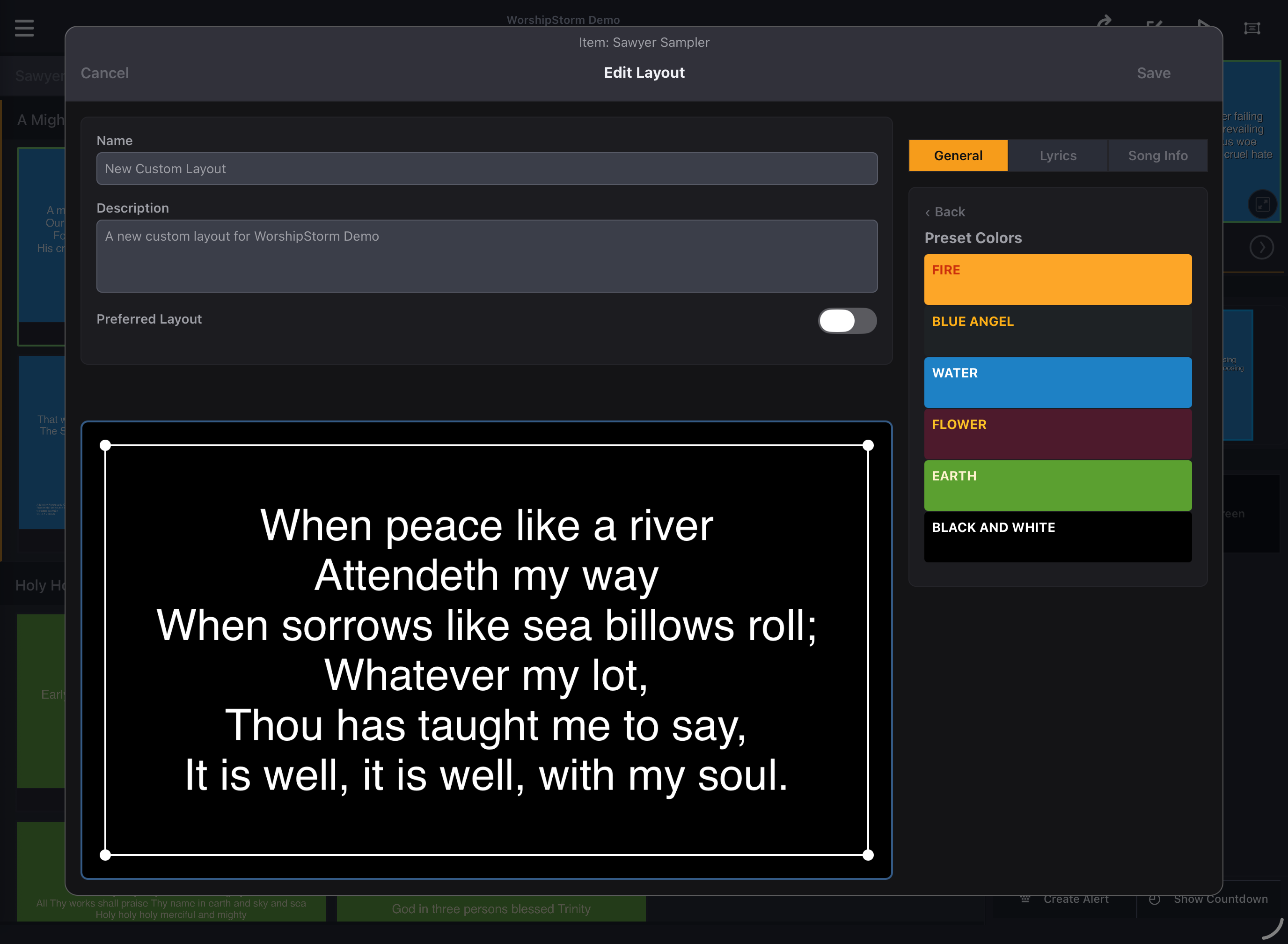 The six preset color themes in the Layout Editor