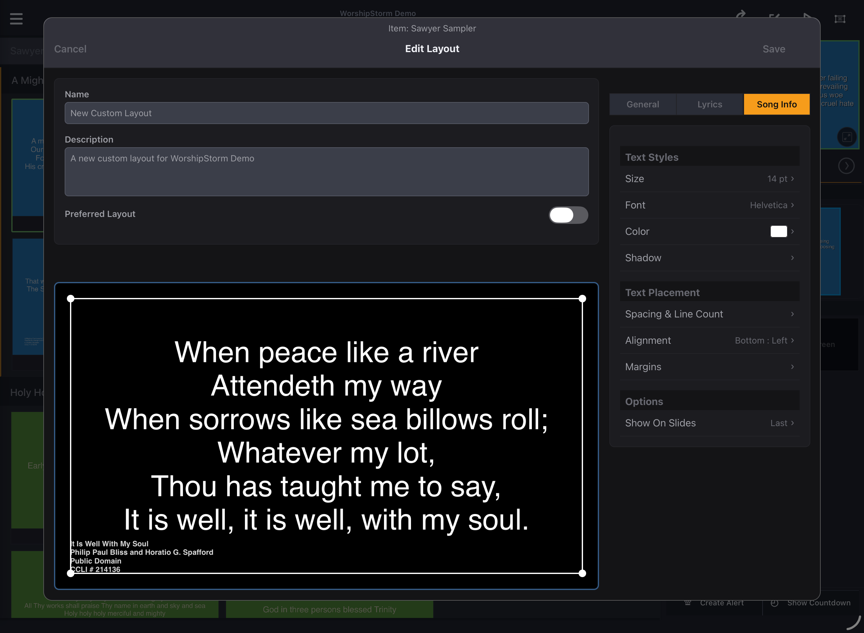 The Song Info tab of the Layout Editor