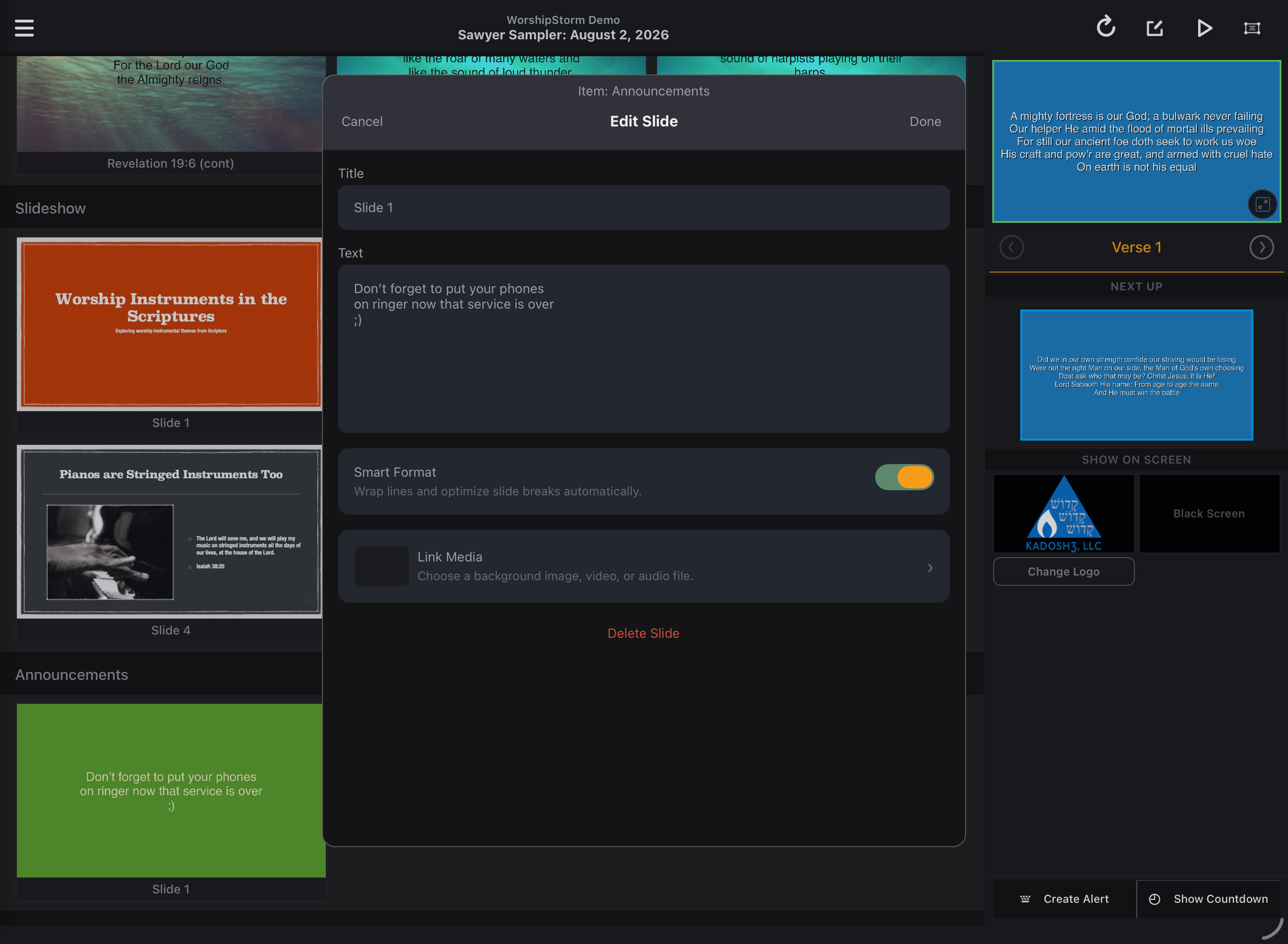The Edit Slide screen with title field, body text, and the Smart Format toggle