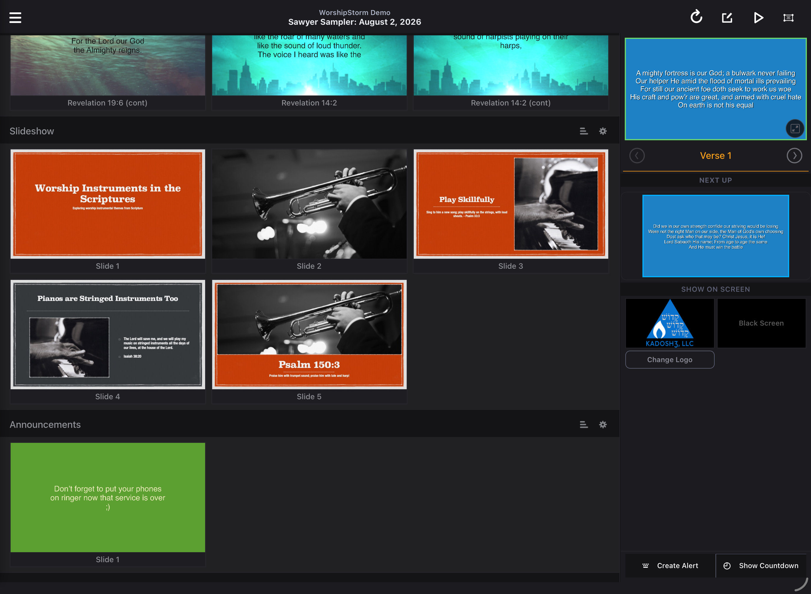 A plan with custom slide items listed alongside song items