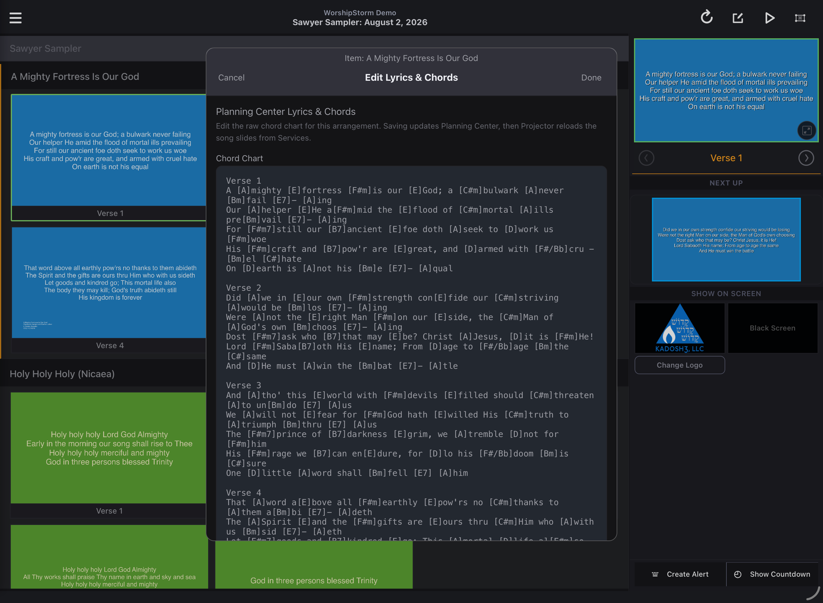 The Edit Lyrics & Chords editor in Projector Plus