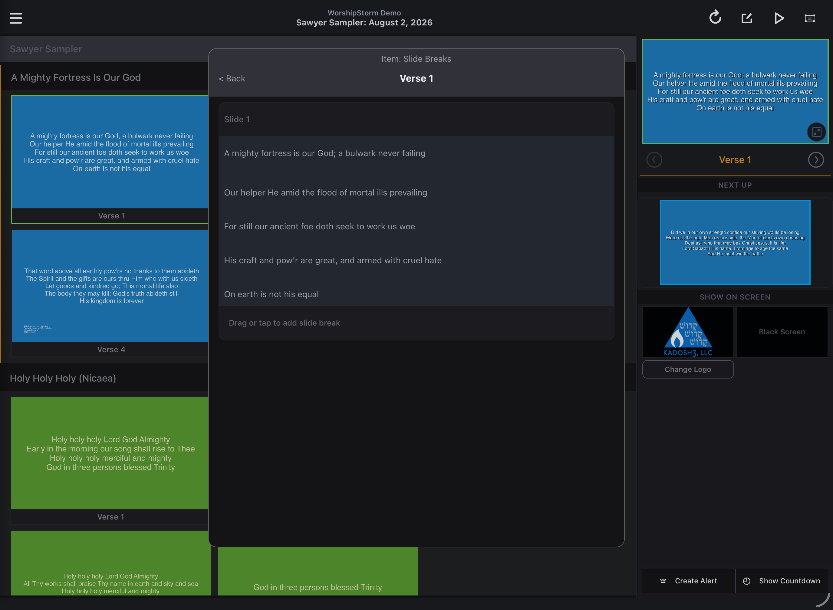 The sequence view with song sections listed, ready to tap one to edit its slide breaks