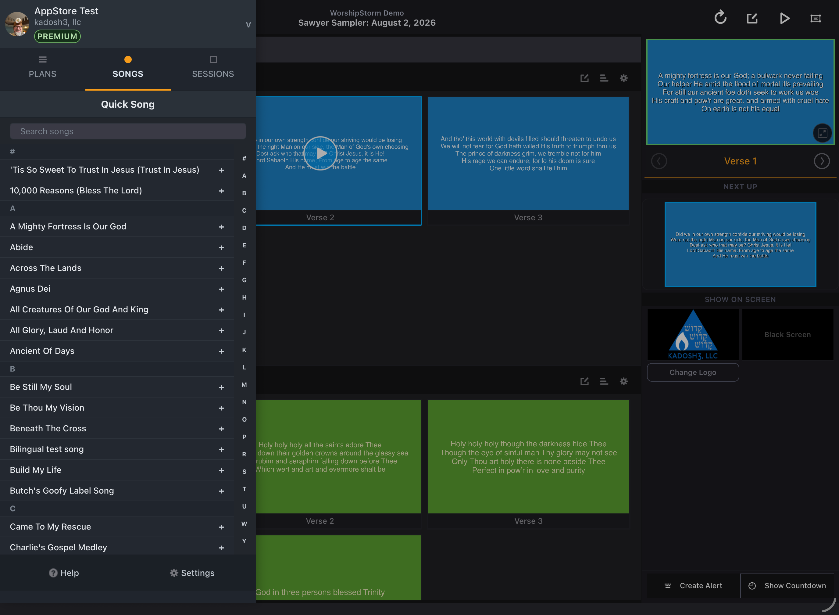 The Quick Song list in the sidebar, showing every song in the PCO Services account with alphabet jump buttons