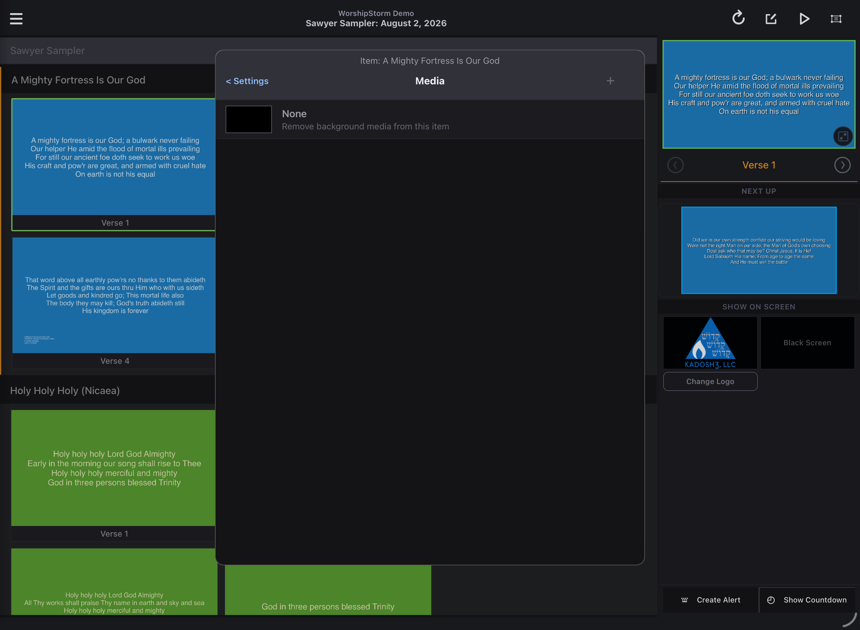 The background picker showing media already attached to the item, with the selected one checked and a plus button to attach more
