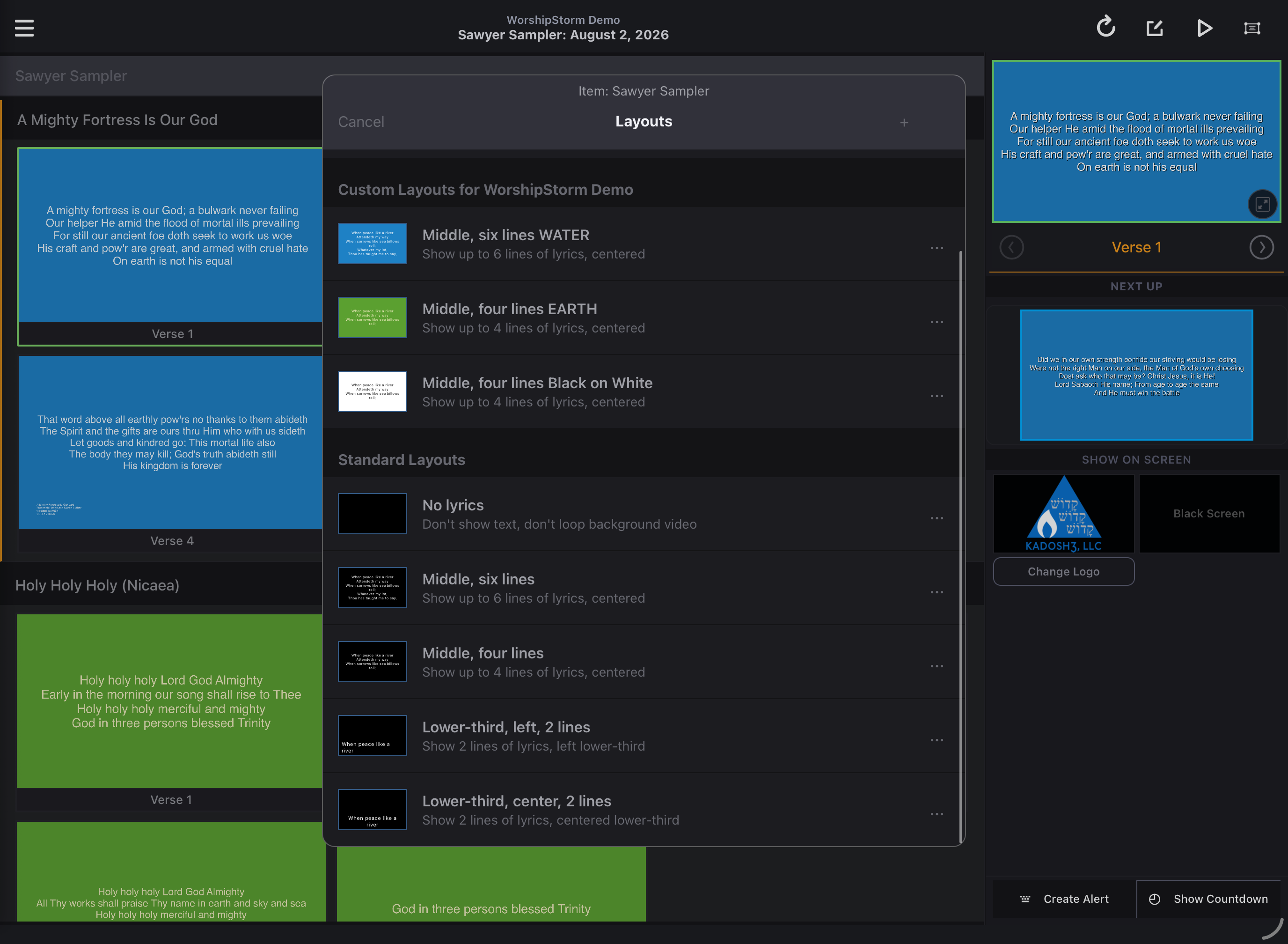 The layout picker showing the five standard built-in layouts, with the current one checked