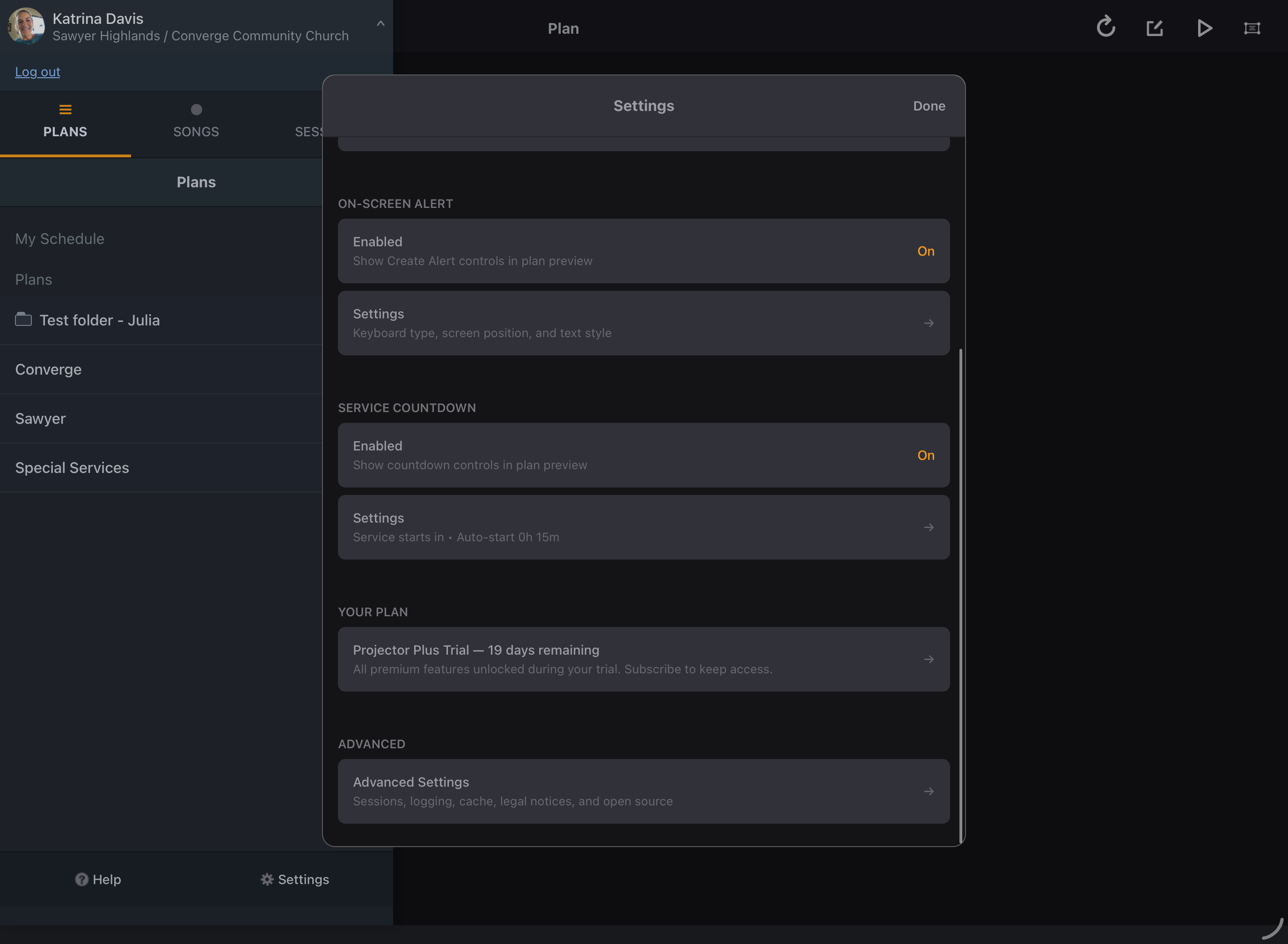 The Cloud Subscription row in Projector Plus Settings on iPad