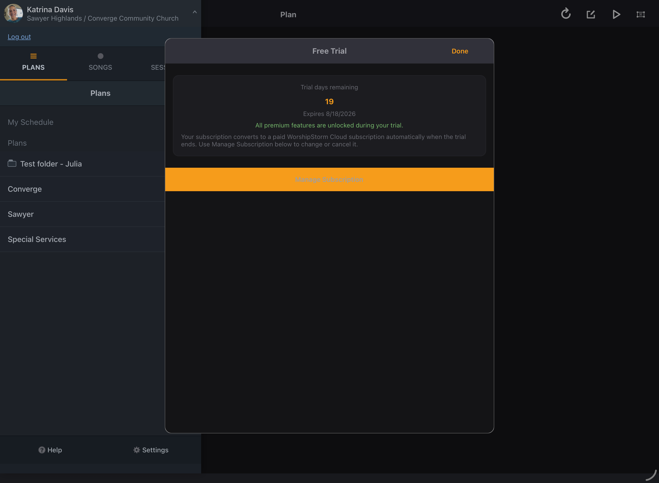 The Cloud Subscription Details screen on iPad, showing plan, billing email, and renewal date