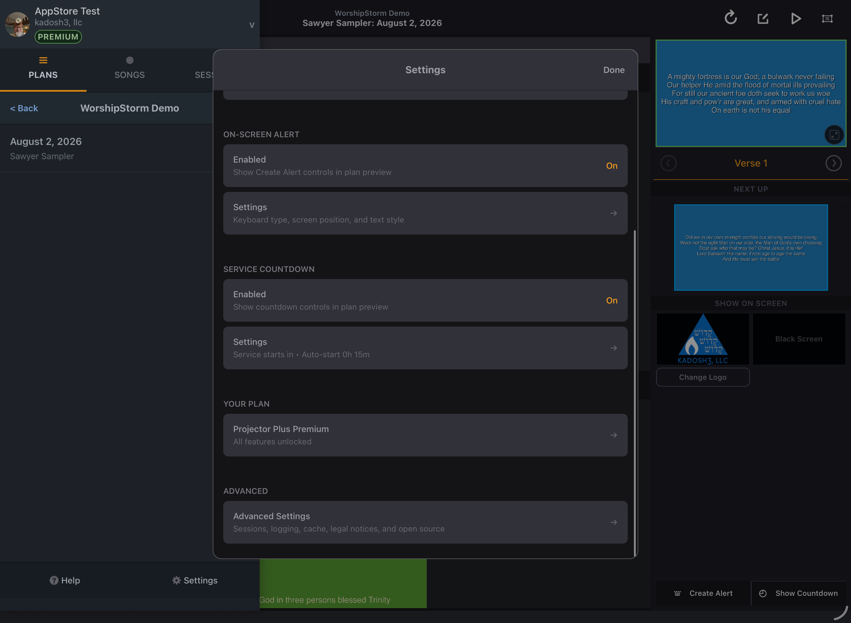 The Your Plan row in Settings on iPad, reading Projector Plus Premium with All features unlocked beneath it