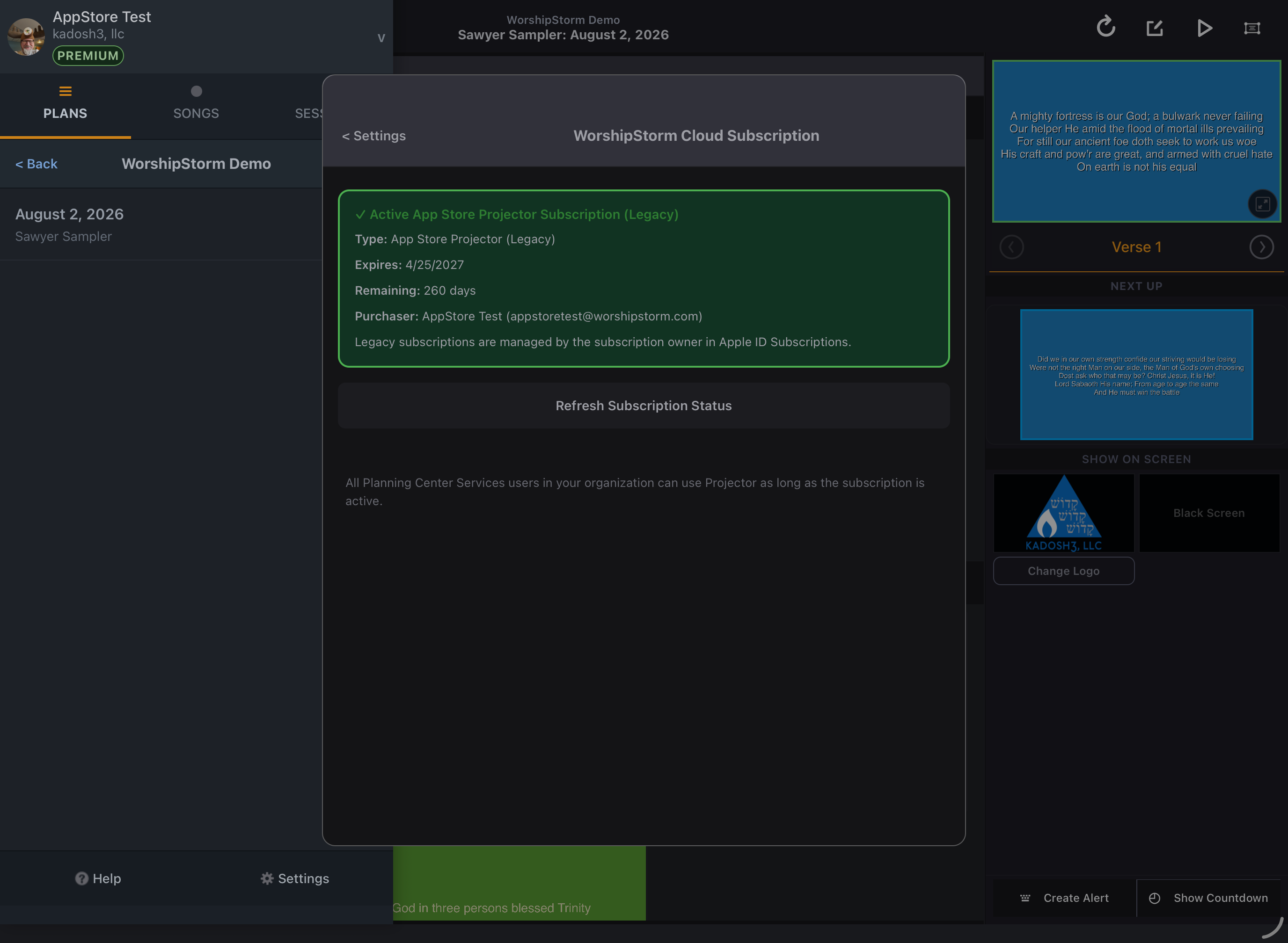 The subscription screen on iPad showing a green panel headed Active App Store Projector Subscription (Legacy), with Type, Expires, Remaining days and Purchaser, and a Refresh Subscription Status button below it