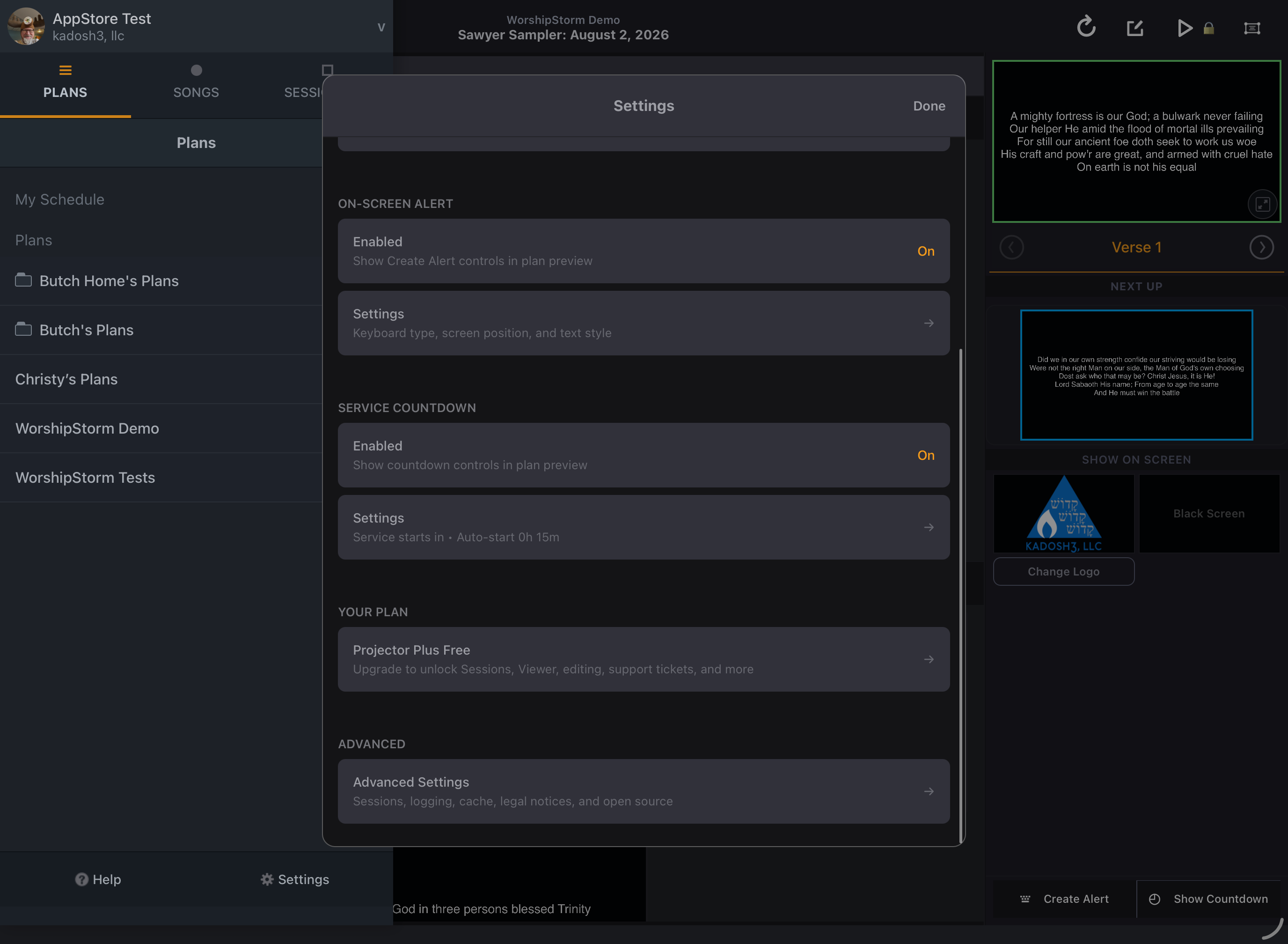 The Your Plan row in Settings showing Projector Plus Free