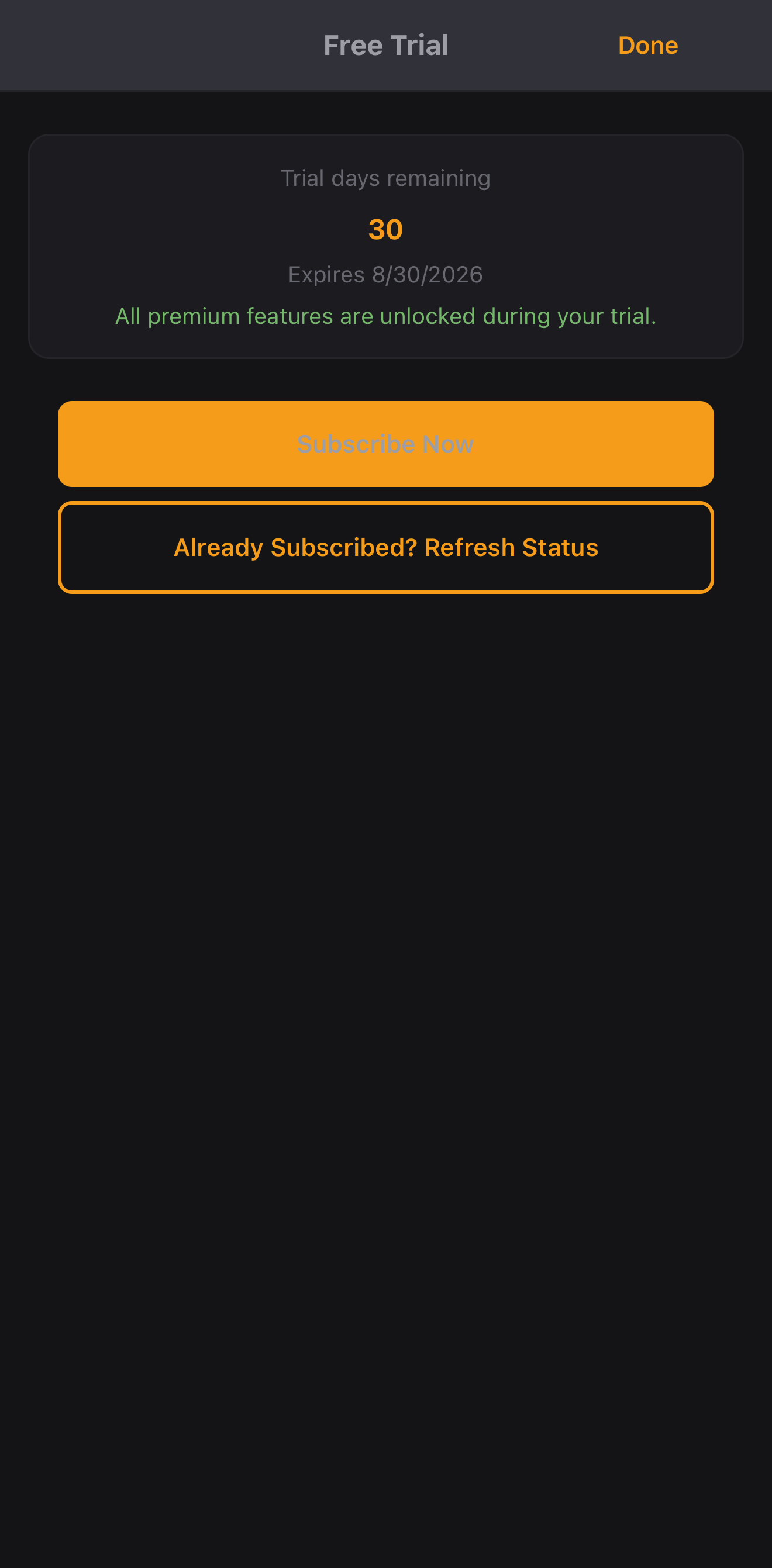 The Projector Plus Trial Details screen on iPhone, showing days remaining and a Subscribe button