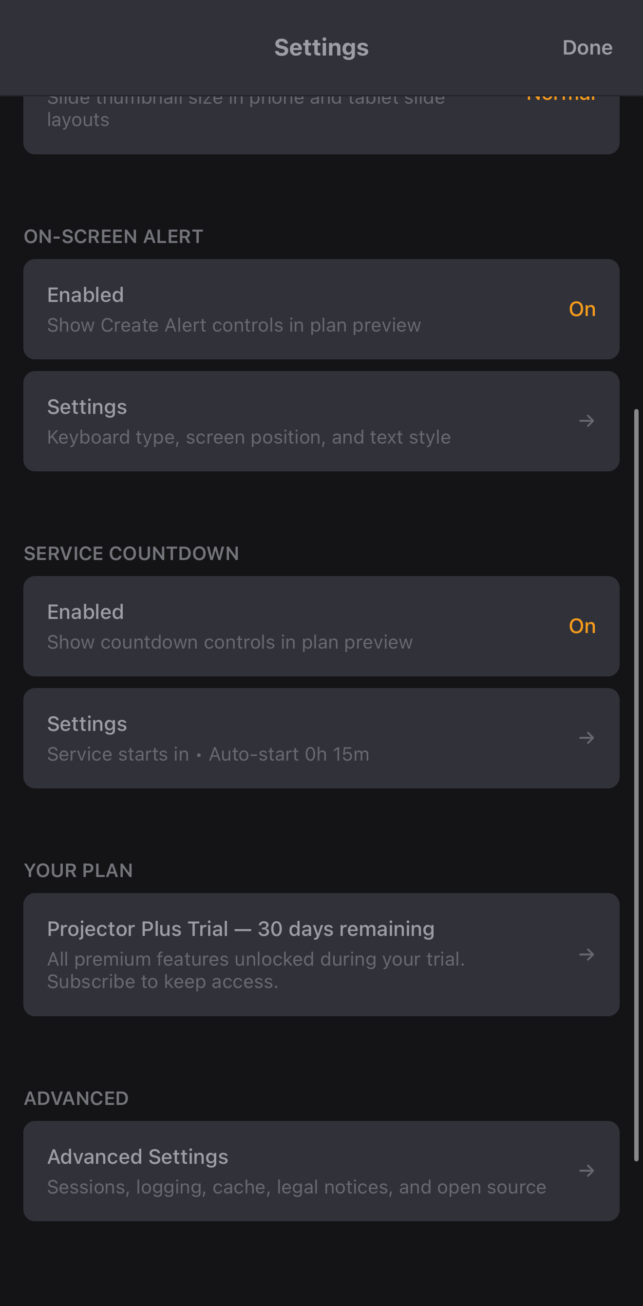 The Projector Plus Trial row in Settings on iPhone