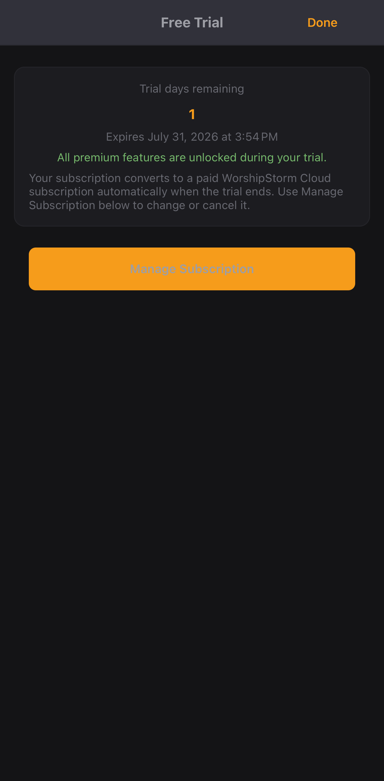 The trial details screen