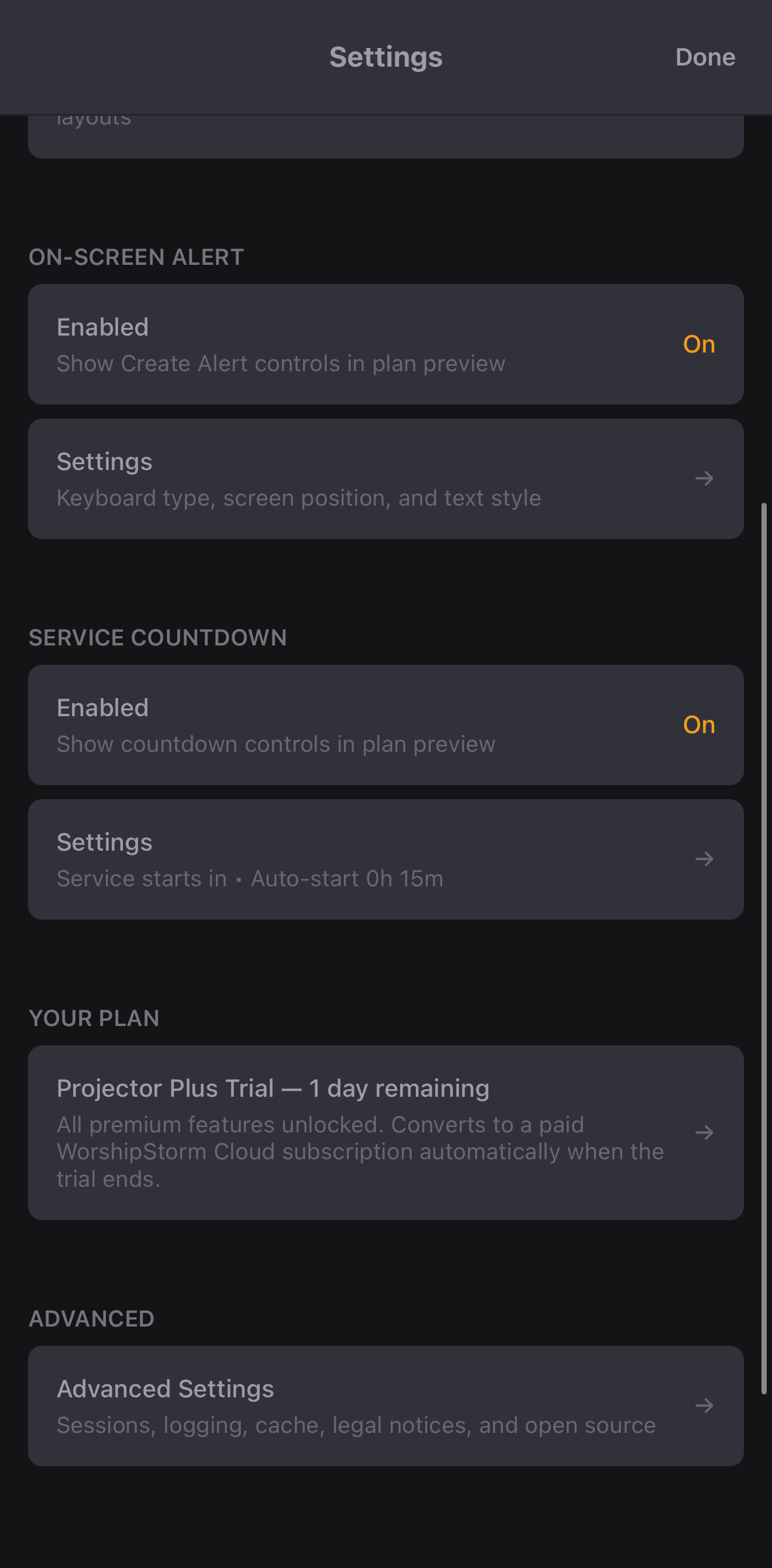 The Your Plan row during a trial, showing days remaining