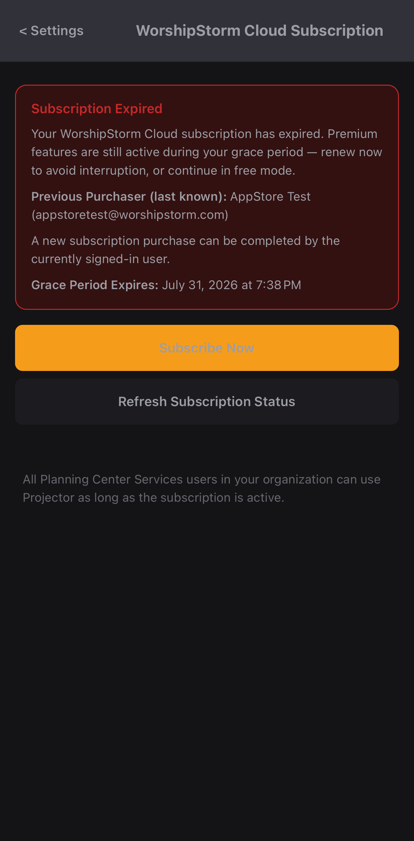 The subscription details screen during grace, showing Subscription Expired and a Grace Period Expires date