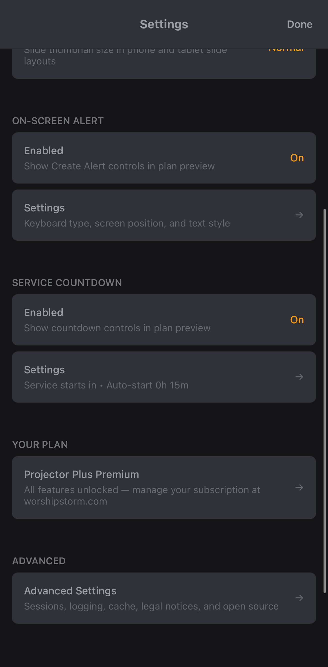The Your Plan row during the grace period, still reading Projector Plus Premium — All features unlocked, unchanged from an active subscription