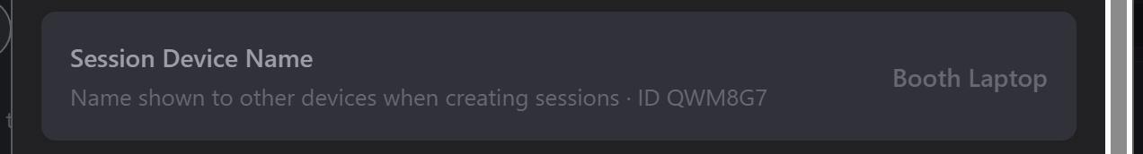 The Session Device Name row in Advanced Settings, reading Booth Laptop, with a short ID shown beneath it
