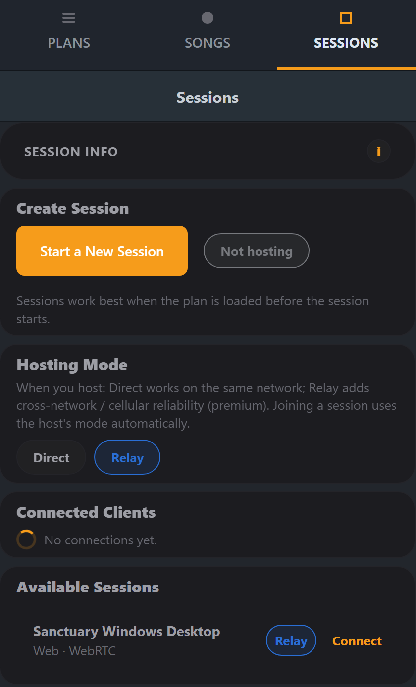 The Sessions panel on a second device, listing Sanctuary Windows Desktop under Available Sessions with a Relay badge and a Connect action