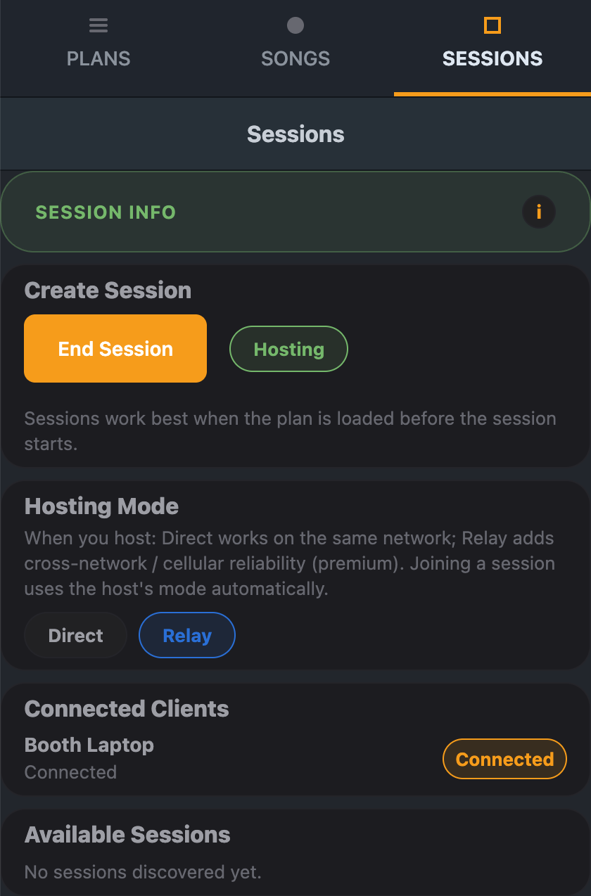 The Sessions panel on the hosting device, showing End Session, a Hosting badge, and Booth Laptop listed under Connected Clients as Connected