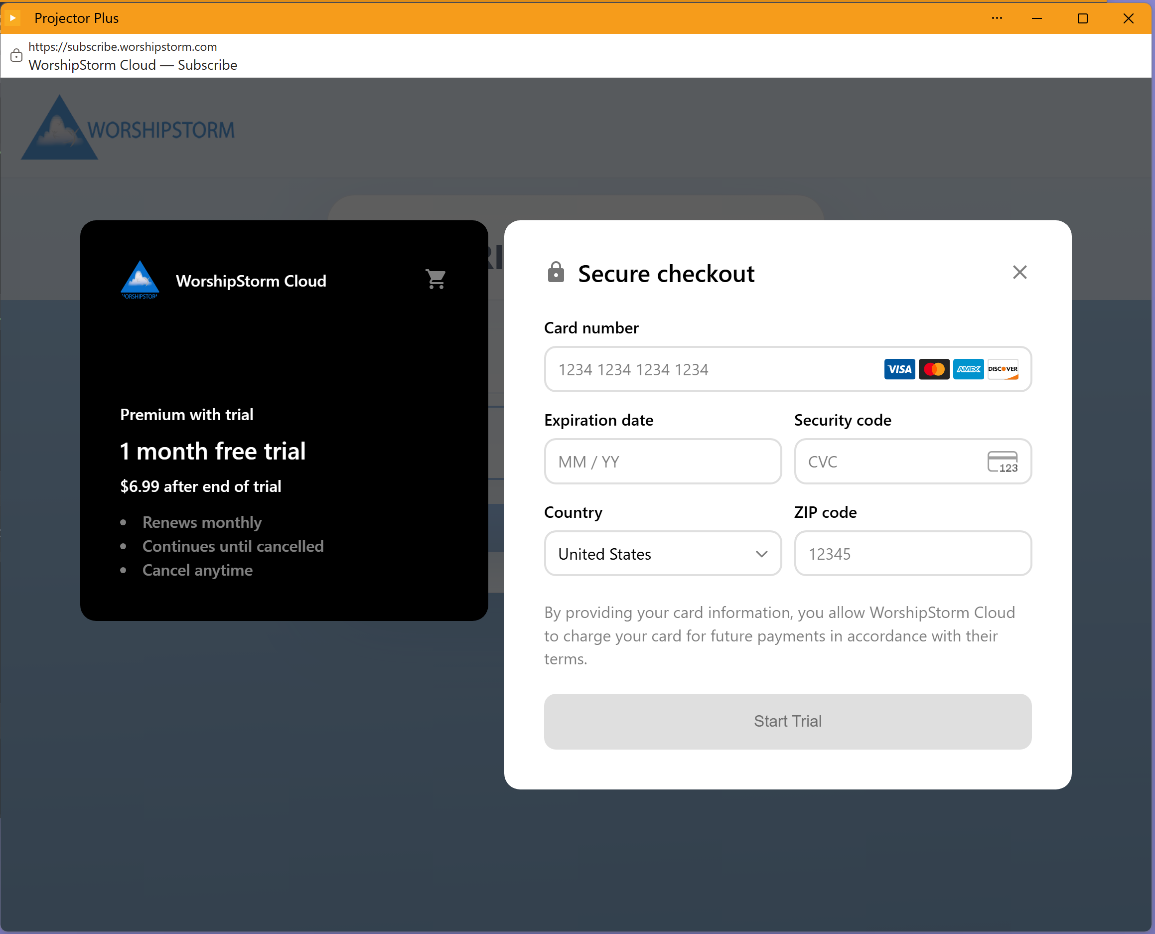 The WorshipStorm Cloud checkout window, showing a 1 month free trial with the price after it, beside a secure card form and a Start Trial button