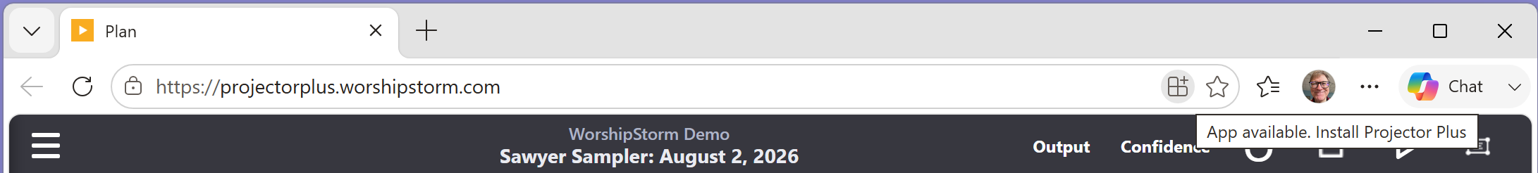 The right-hand end of the Edge address bar on projectorplus.worshipstorm.com, with a small app-install icon beside the bookmark star and a tooltip reading App available. Install Projector Plus