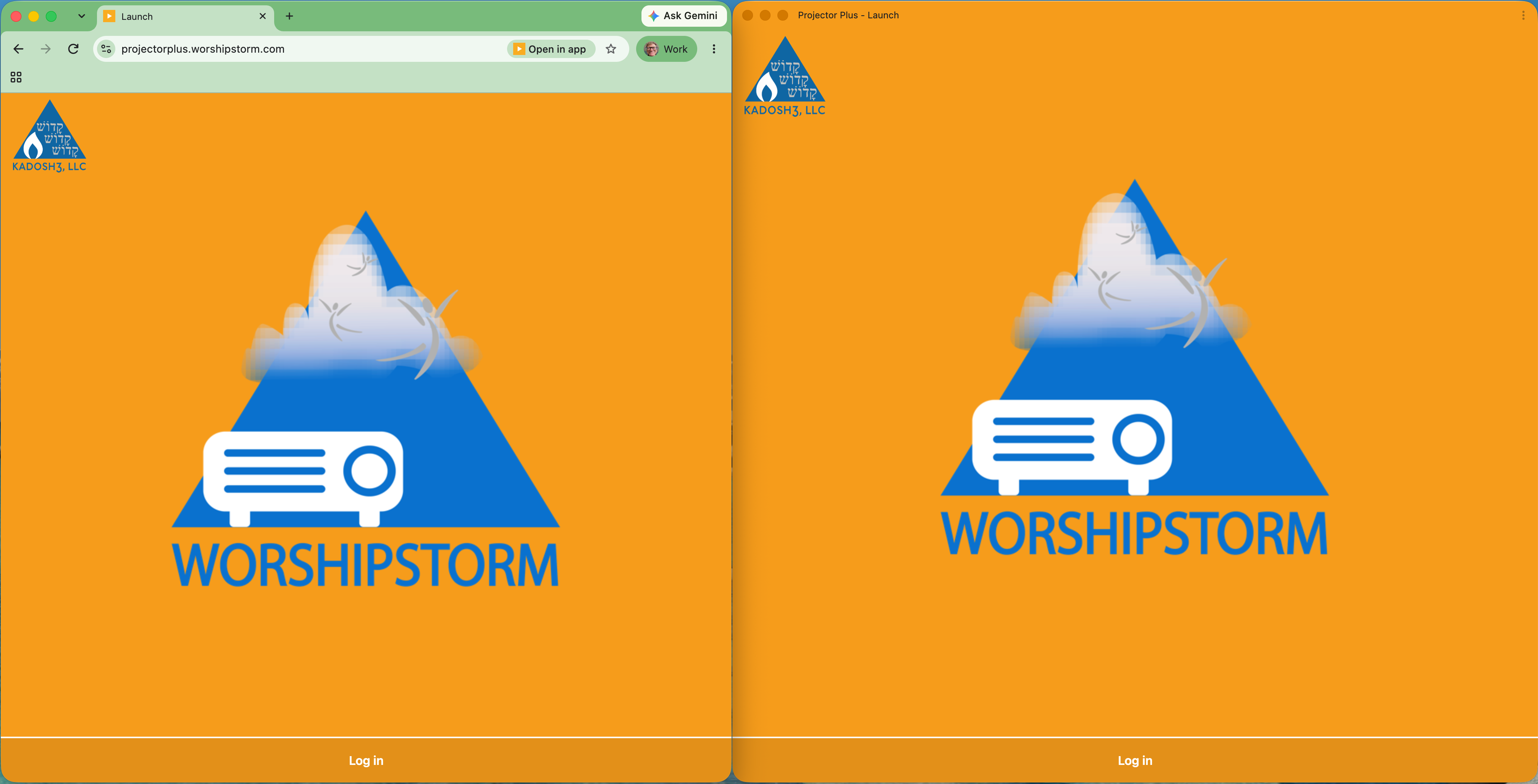 Projector Plus in a Chrome tab on the left, with a tab strip and address bar above it, beside the installed app on the right in its own window titled Projector Plus with no browser controls at all