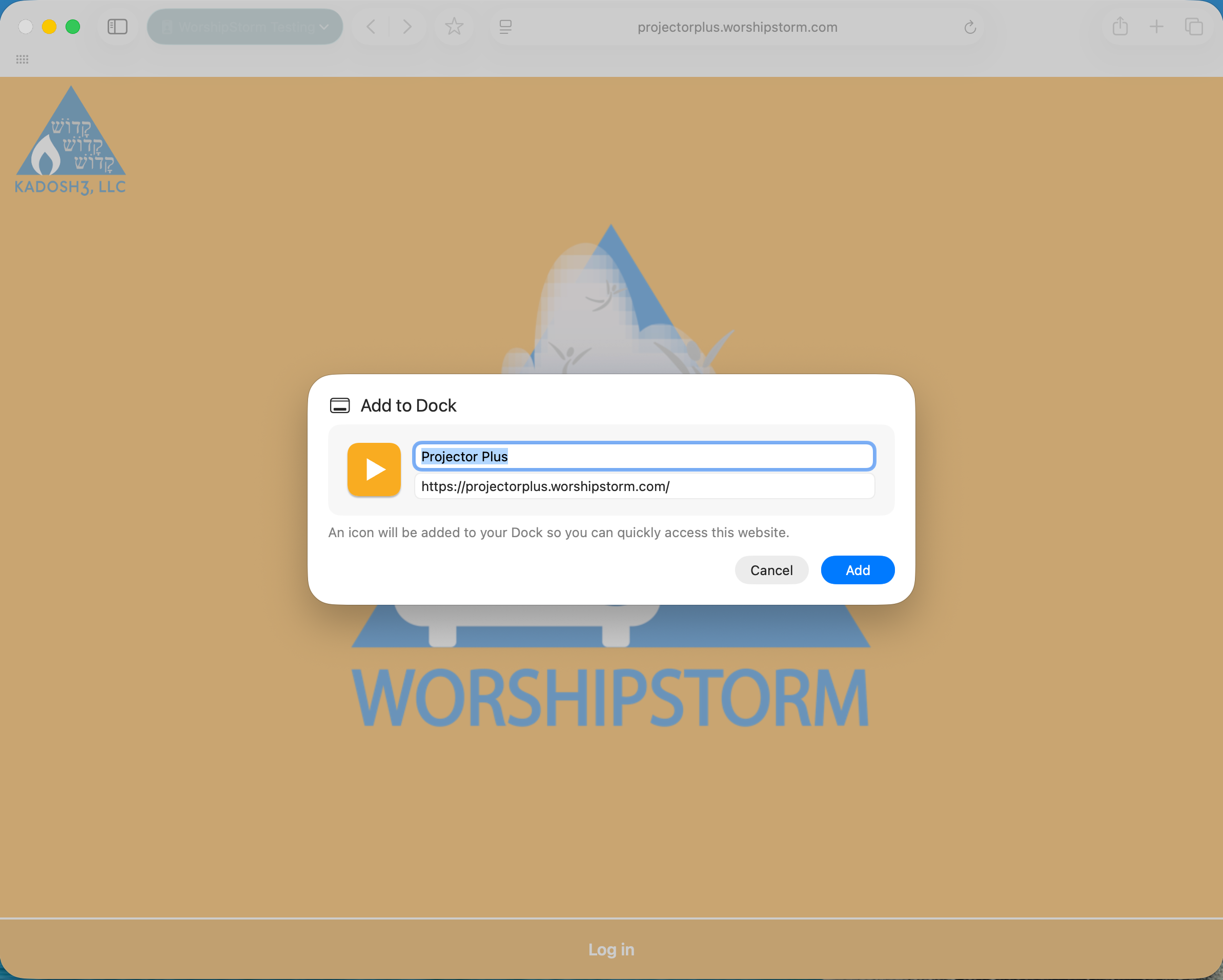 Safari's Add to Dock sheet on projectorplus.worshipstorm.com, with the Projector Plus icon, an editable name field and Cancel and Add buttons