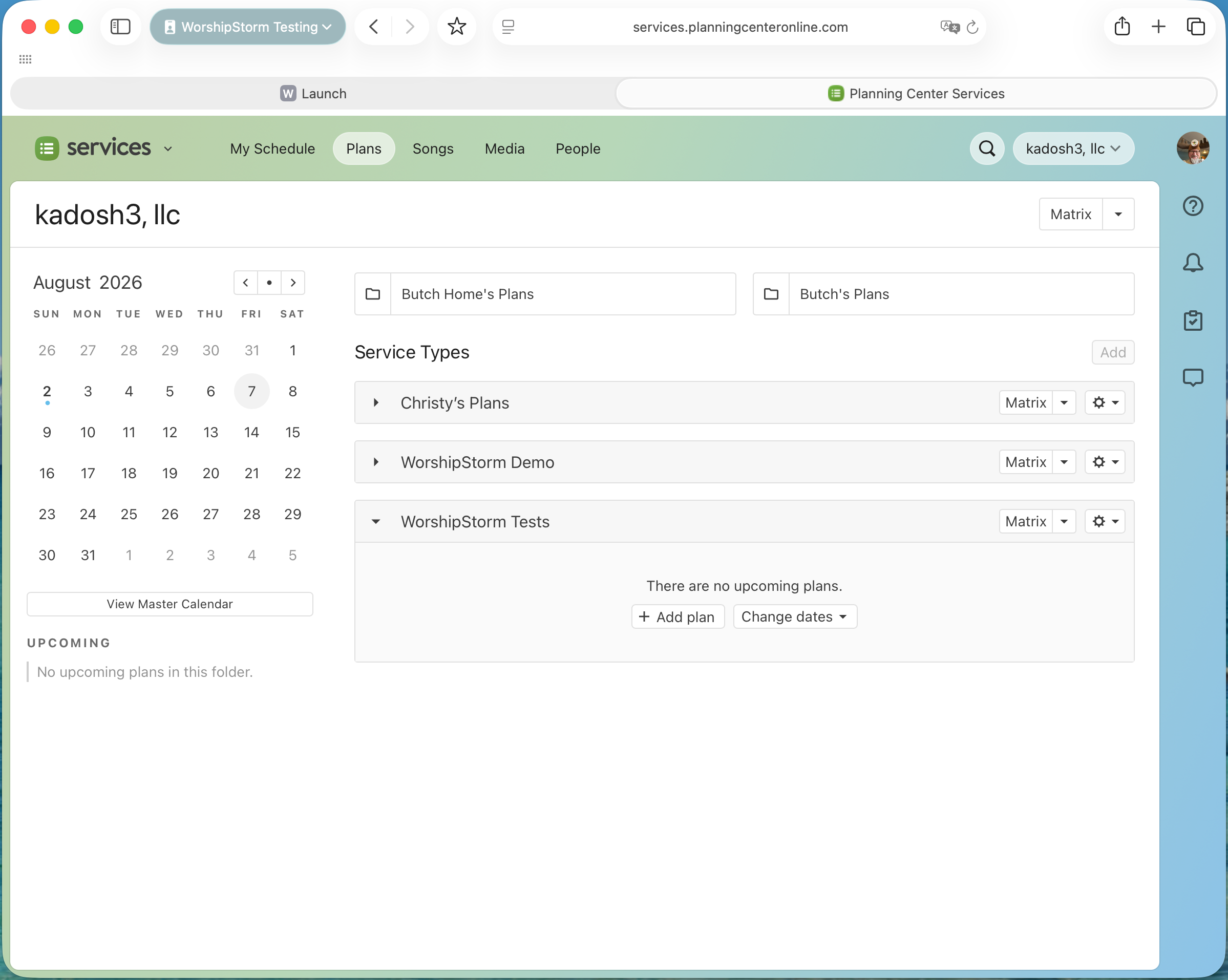 Planning Center Services open in a second browser tab beside the Projector Plus tab, signed in to the organization