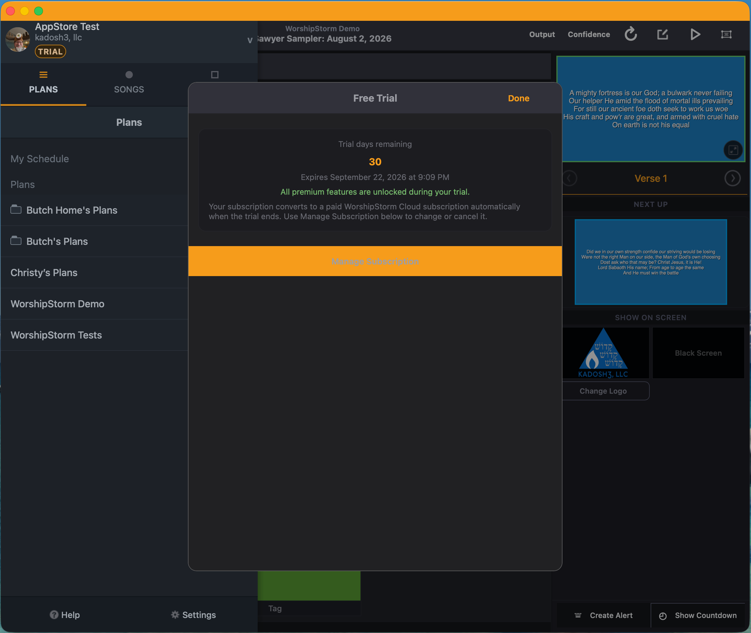 The Free Trial screen in Projector Plus, headed Free Trial, showing 30 trial days remaining, an expiry date of September 22 2026, a line saying all premium features are unlocked during the trial, and a Manage Subscription button