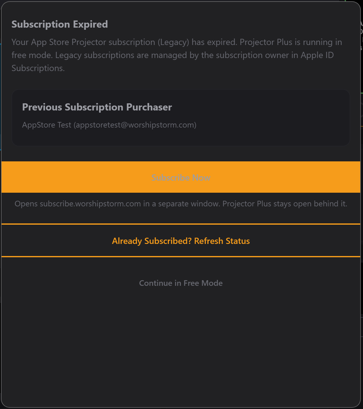 The Subscription Expired screen after grace has ended, saying Projector Plus is running in free mode, with Continue in Free Mode at the bottom