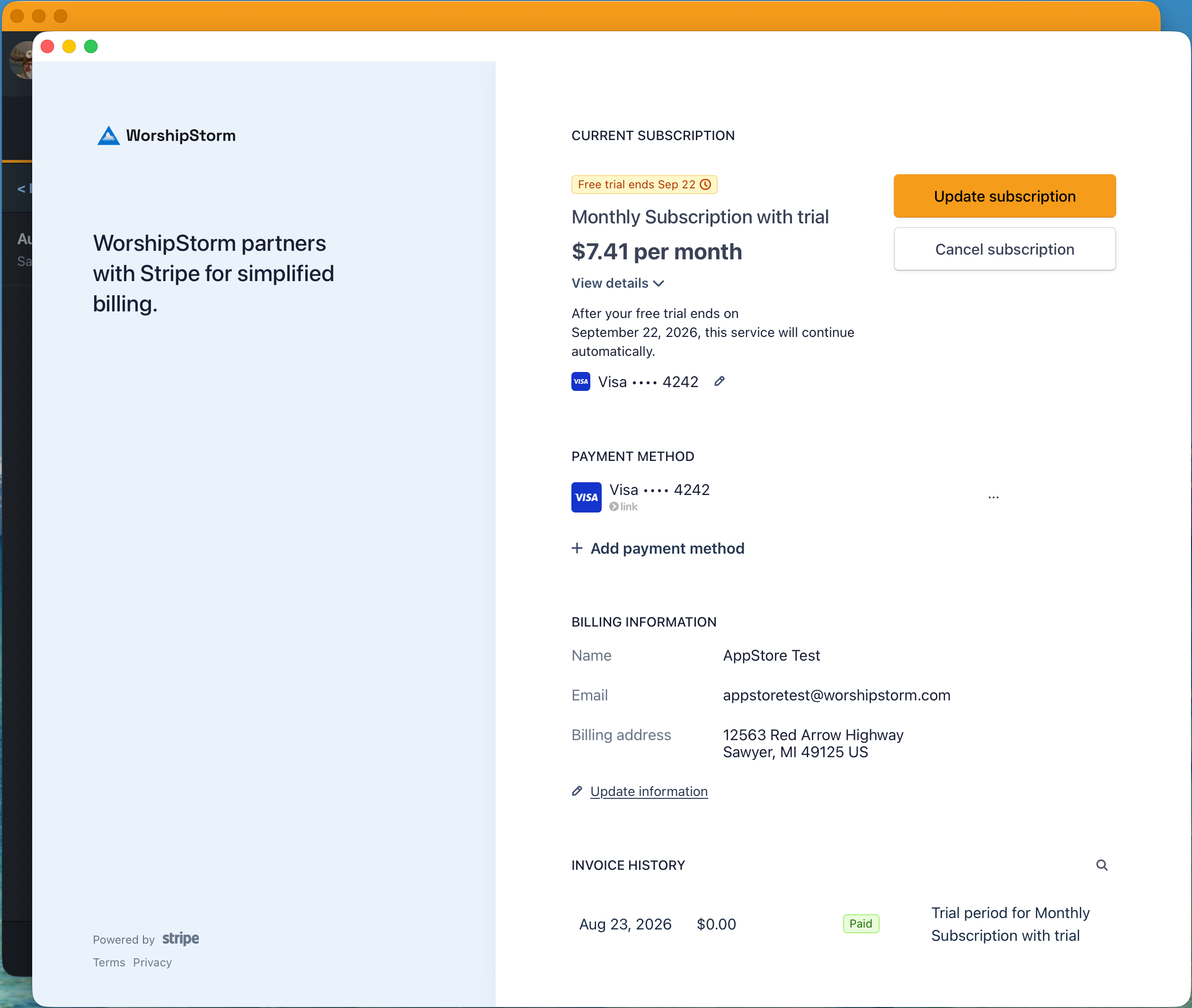The WorshipStorm billing portal, headed Current Subscription with the plan, its price per month, a Free trial ends date, the card on file, the billing name, email and address, and Update subscription and Cancel subscription buttons