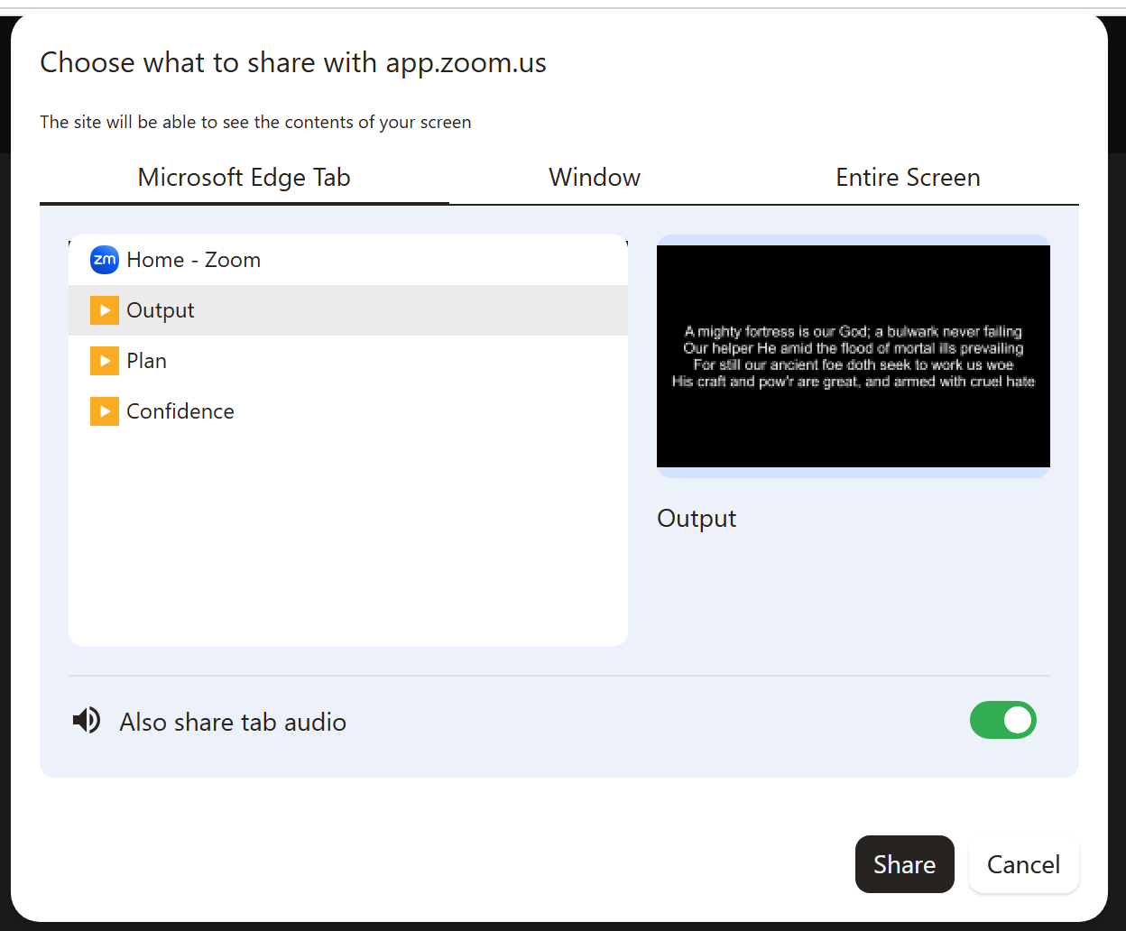 A meeting app's share picker listing Output, Plan and Confidence as separate entries, with Output selected and its preview showing the lyric slide