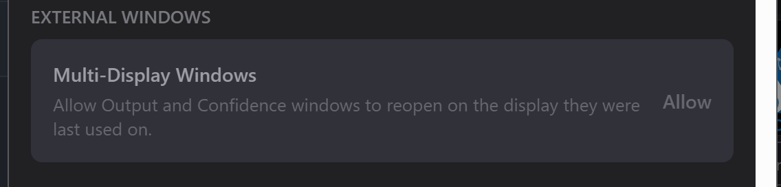 The Multi-Display Windows row under External Windows in Advanced Settings, with an Allow control