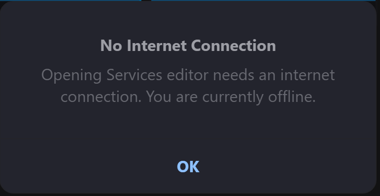 The No Internet Connection dialog, naming the action that needs a connection